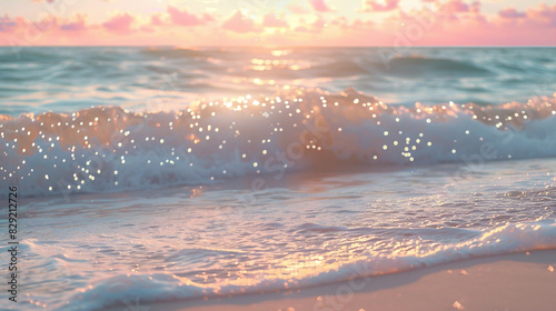 Gentle waves lapping sandy shores under twinkling lights in a pastel sky.