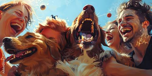 A group of friends laugh and cheer as they play a game of fetch with their beloved canine companions