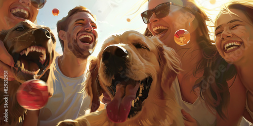 A group of friends laugh and cheer as they play a game of fetch with their beloved canine companions photo