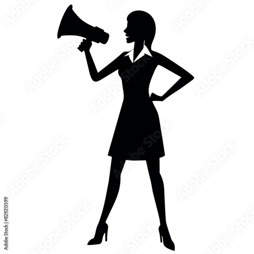 A business woman standing with megaphone for loudly speaking for advertisement vector silhouette, white background