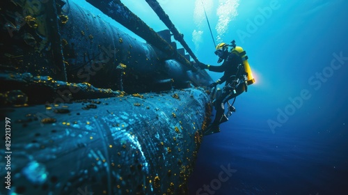 An Expert technicians are diving to install underwater oil and gas pipelines in blue undersea industrial equipment for energy transportation. photo