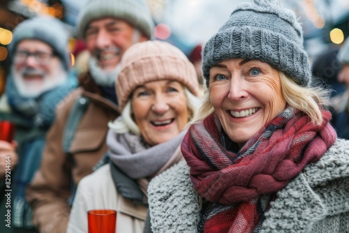 Portrait of smiling senior friends with mulled wine on Christmas market