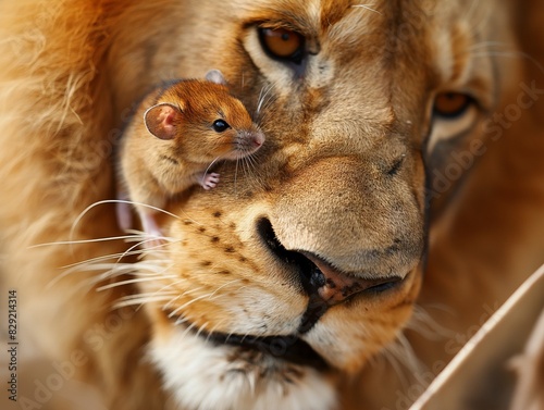 A tiny mouse sits peacefully on the nose of a majestic lion, capturing a unique moment of coexistence in the wild. This nature photograph showcases the surprising and gentle interaction between predat photo