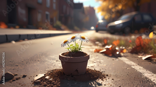 A micro-tiny clay pot full of dirt with a beautiful daisie planted in it, shining in the autumn sun on a road in an abandoned city, fiction, wallpaper, character, cg artwork, art, flash photography photo