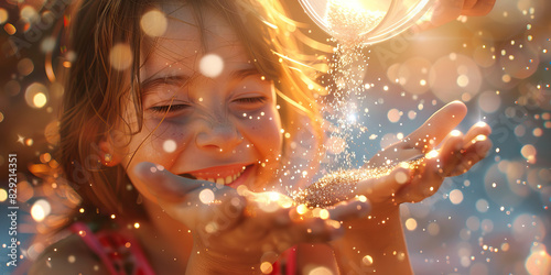 A young girl giggles as she pours sparkly glitter over her hands, the tiny particles catching the light and reflecting it back photo