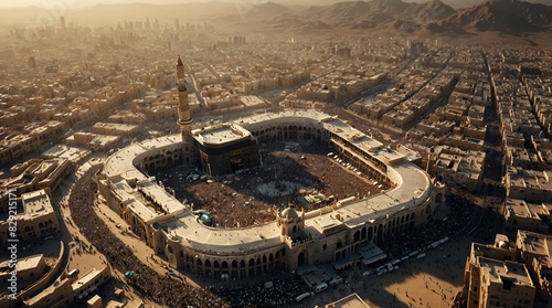 image shows an aerial view of the Grand Mosque like mosque in Mecca, Saudi Arabia.