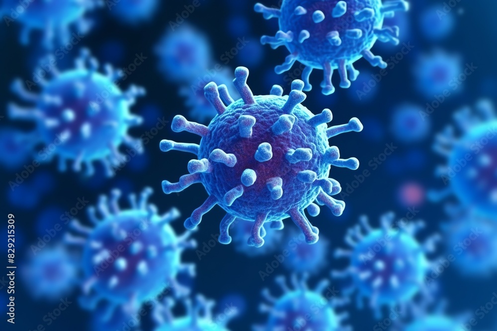 3D render of a medical with virus cells bacteria. Multiple realistic coronavirus particles floating