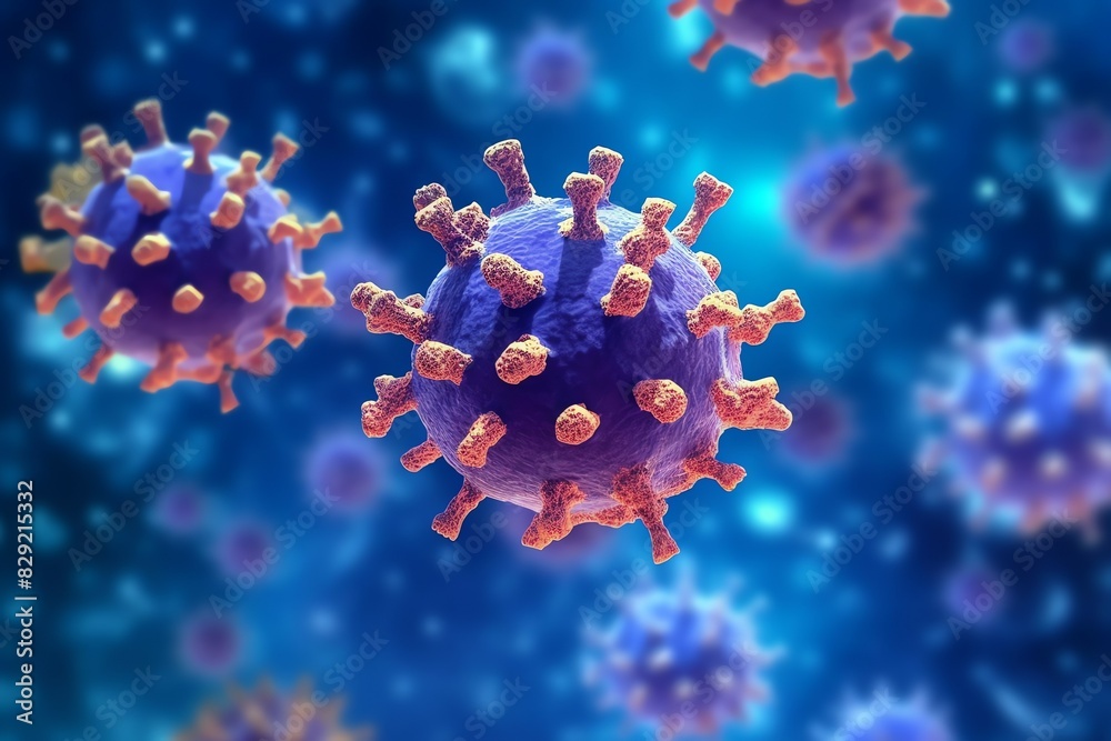 Fototapeta premium 3D render of a medical with virus cells bacteria. Multiple realistic coronavirus particles floating