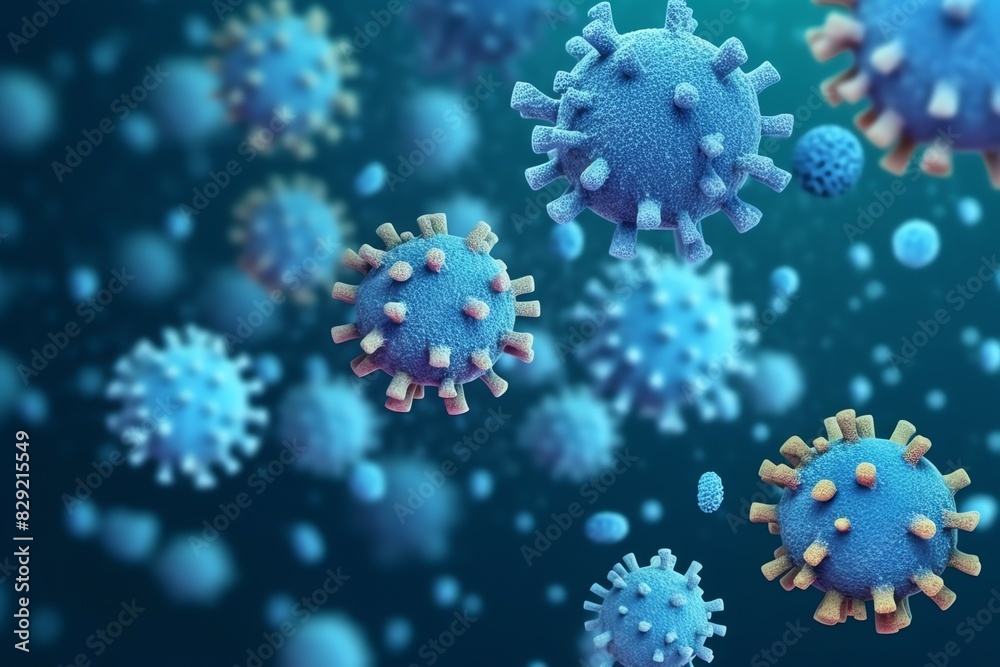 3D render of a medical with virus cells bacteria. Multiple realistic coronavirus particles floating