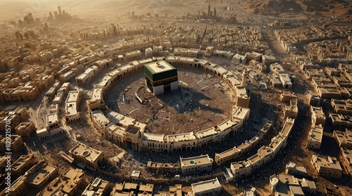 image shows an aerial view of the Grand Mosque like mosque in Mecca, Saudi Arabia. photo