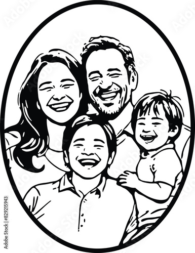 happy family hugging outline black and white silhouette. 