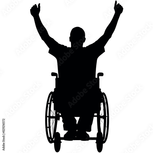 A disable man Raised hands sitting on the wheel chair, enjoy or happy moment vector silhouette, white background