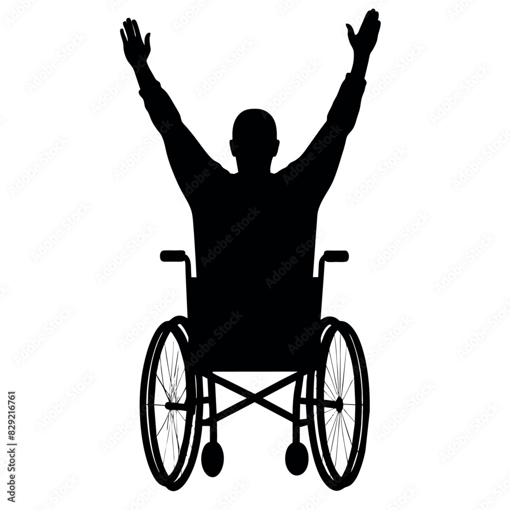 A disable man Raised hands sitting on the wheel chair, enjoy or happy moment vector silhouette, white background A disable man Raised hands sitting on the wheel chair, enjoy or happy moment vector silhouette, white background