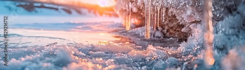 Beautiful icy landscape at sunset with icicles hanging above a frozen lake, capturing the serene winter scenery and soft, warm light.
