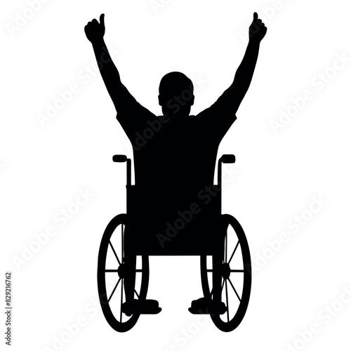 A disable man Raised hands sitting on the wheel chair, enjoy or happy moment vector silhouette, white background