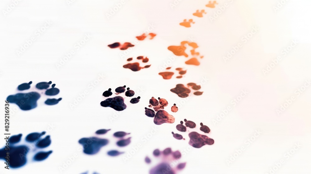 A footprints, paw print path Dog paws. Kitten. Paw prints of bright colors of animals, silhouettes on a white background. A footprints, paw print path Dog paws. Kitten. Paw prints of bright colors of animals, silhouettes on a white background.