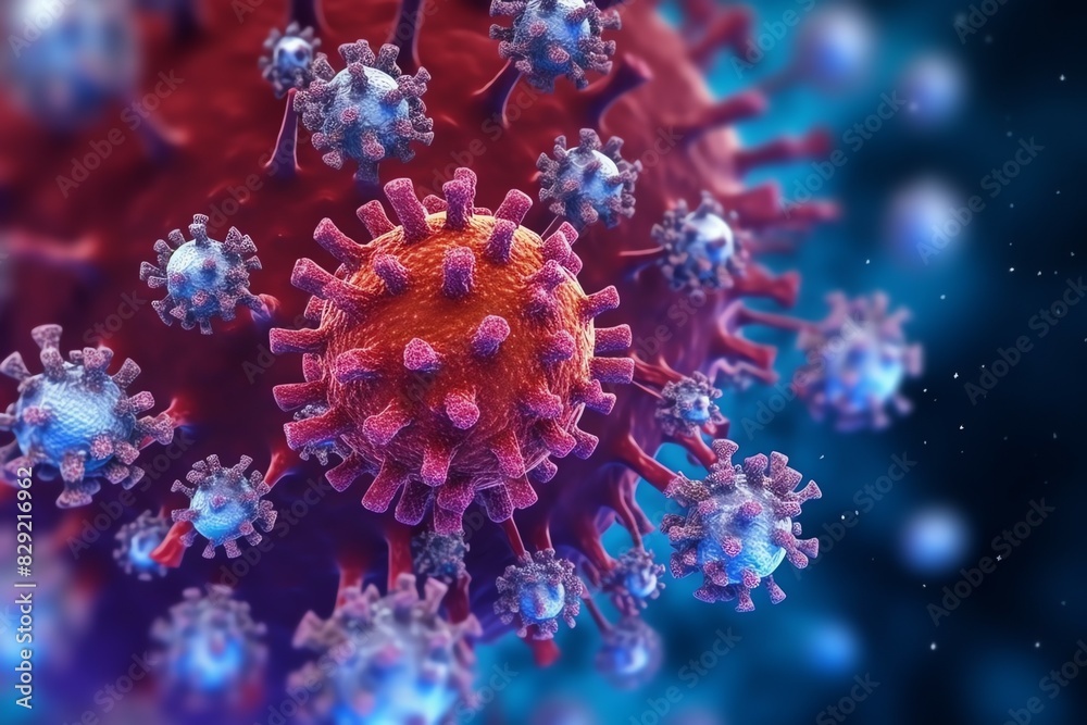 3D render of a medical with virus cells bacteria. Multiple realistic coronavirus particles floating