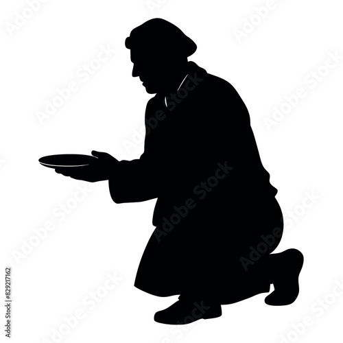A street beggar begging on the road to the other people vector silhouette, a street beggar