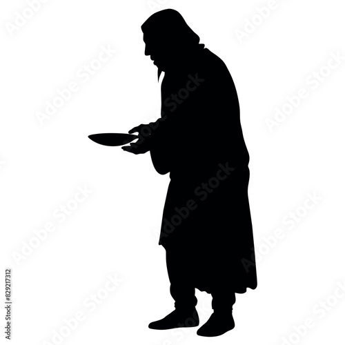 A street beggar begging on the road to the other people vector silhouette, a street beggar