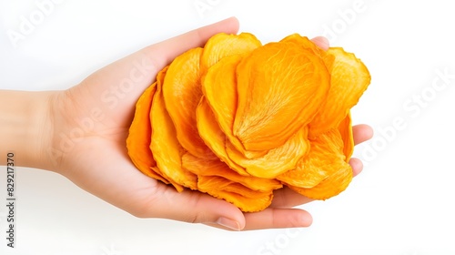 A handful of dried mango slices on a pristine white background.
