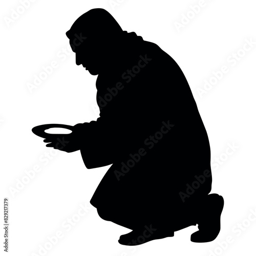 A street beggar begging on the road to the other people vector silhouette, a street beggar