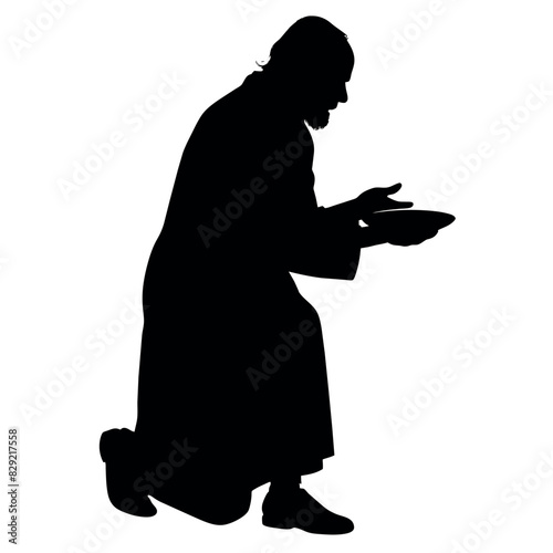 A street beggar begging on the road to the other people vector silhouette, a street beggar