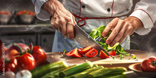 A chef expertly chops fresh vegetables for their next culinary masterpiece photo