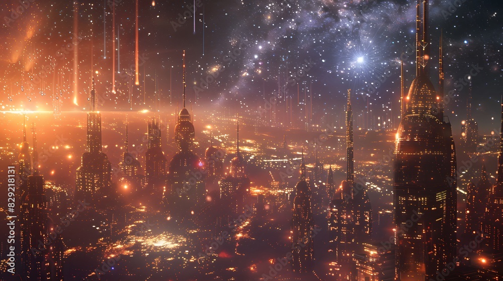 Fototapeta premium Futuristic glittering in space on black background.
