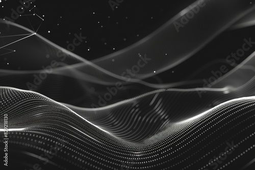 Black and white sleek particle line wave, a modern abstract with subtle gradients.