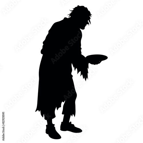 A street beggar begging on the road to the other people vector silhouette, a street beggar