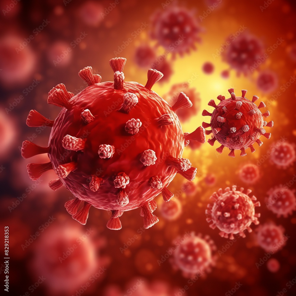 3D render of a medical with virus cells bacteria. Multiple realistic coronavirus particles floating