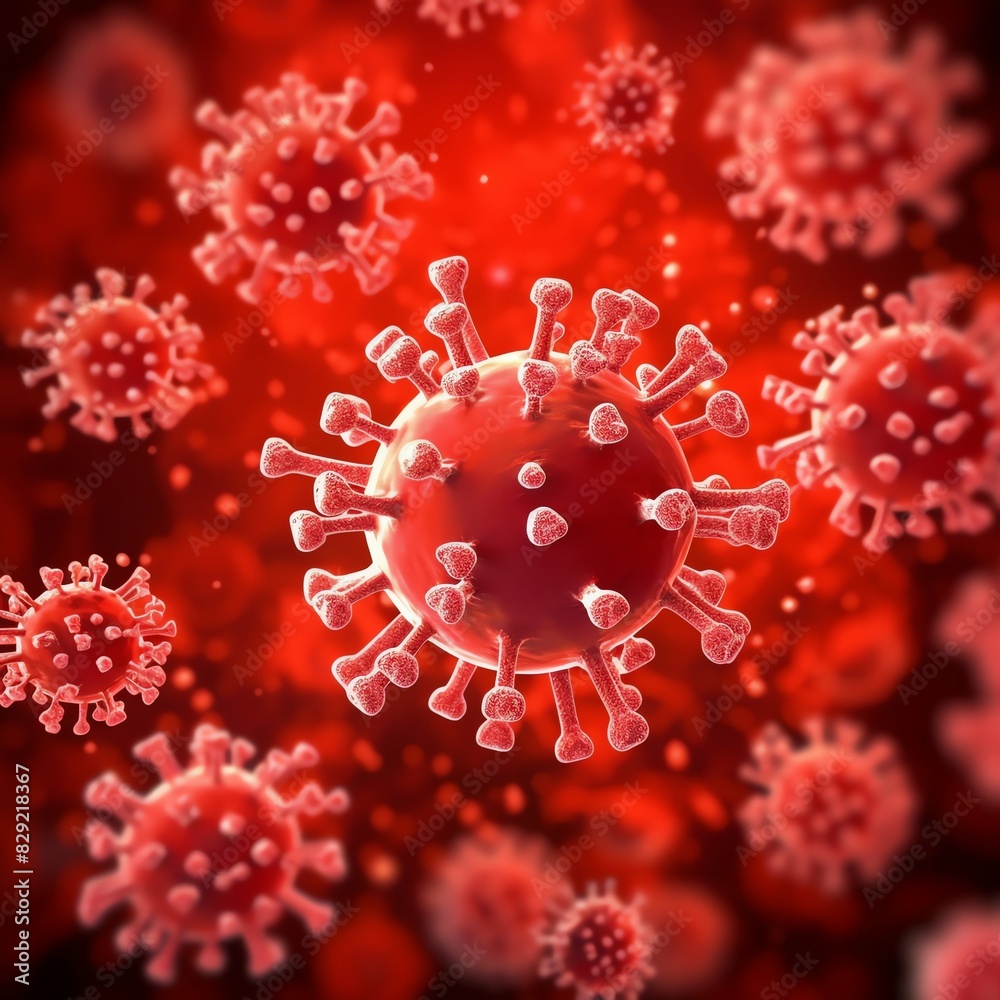 3D render of a medical with virus cells bacteria. Multiple realistic coronavirus particles floating