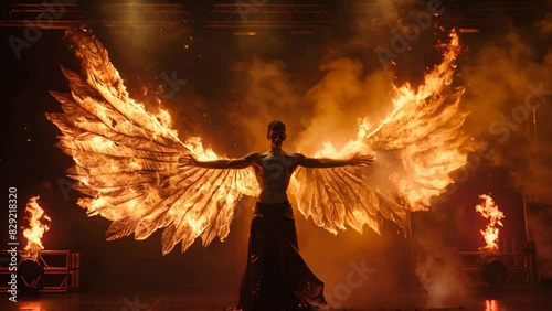 Fire dancer with phoenix wings, inferno ballet, rebirth performance photo