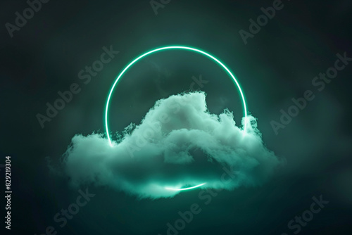 Mint green neon ring highlights a swirling cloud in a dark sky vertical frame.