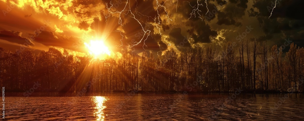 Breathtaking sunset with dramatic clouds and lightning over a forest reflecting on the water's surface, showcasing nature's beauty and power. Breathtaking sunset with dramatic clouds and lightning over a forest reflecting on the water's surface, showcasing nature's beauty and power.