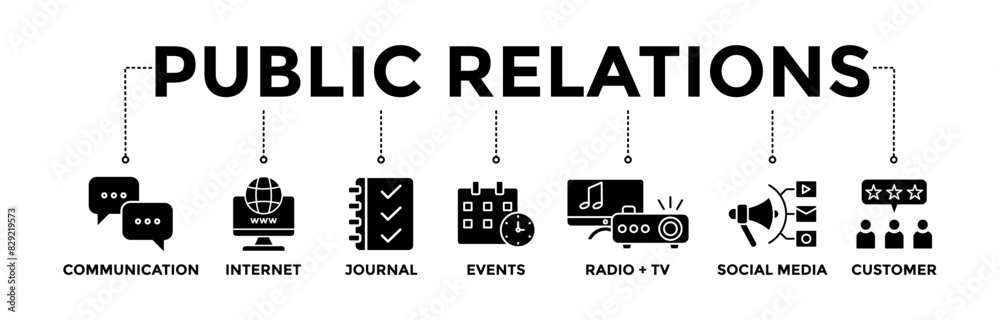 Public Relations banner icons set. Vector graphic glyph style with icon of communication, internet, journal, events, radio and TV, social media, computer Public Relations banner icons set. Vector graphic glyph style with icon of communication, internet, journal, events, radio and TV, social media, computer