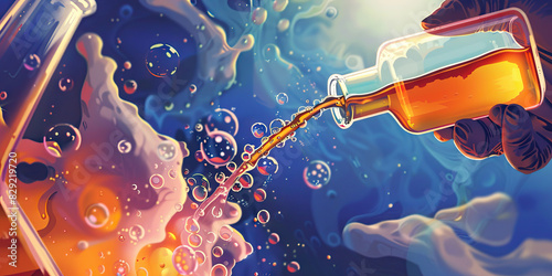 A scientist pours chemicals into a beaker, careful not to spill a drop, as bubbles begin to form and rise photo
