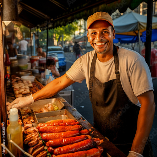 Black man sells, cooks sauseges, hotdogs on the grill