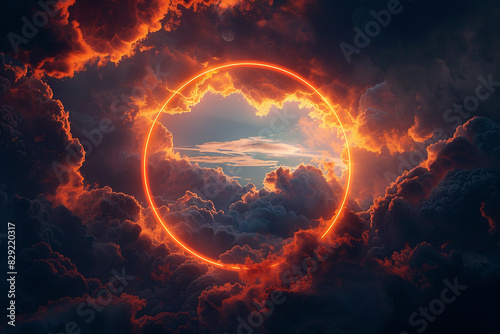 Vertical 3D frame featuring a sunset orange neon ring around swirling dark clouds.