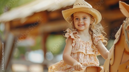 A little girl in a frilly dress and cowboy hat pretending to ride a horse made out of cardboard.