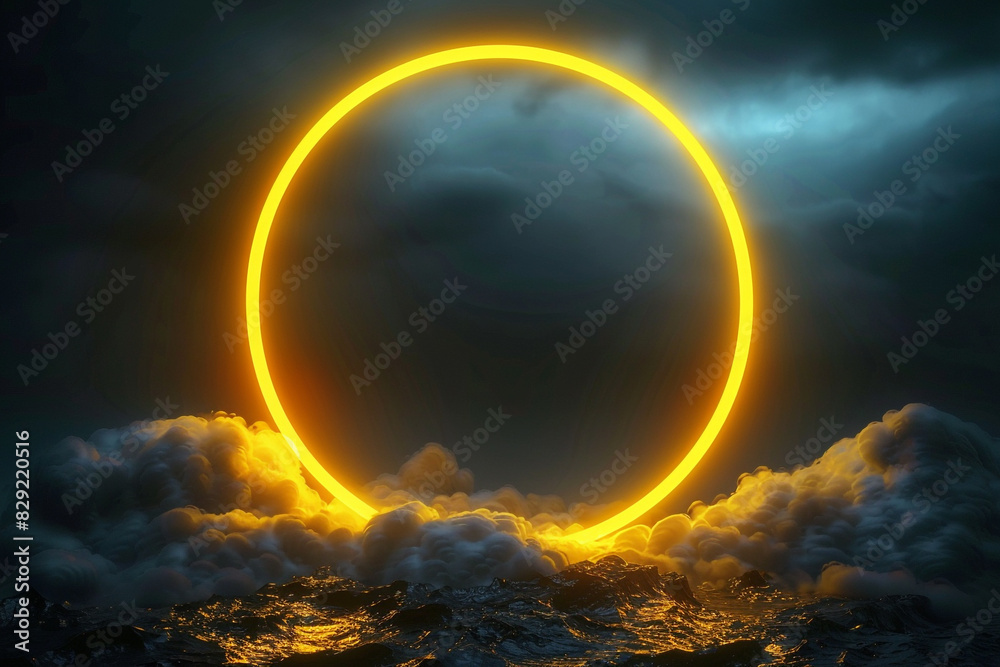 Soft yellow neon enhances the abstract cloud formations in a dark sky, 3D portrait. Soft yellow neon enhances the abstract cloud formations in a dark sky, 3D portrait.