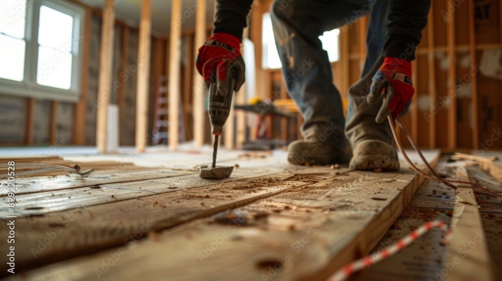 A worker drilling holes for plumbing fixtures on a section of prefabricated flooring. A worker drilling holes for plumbing fixtures on a section of prefabricated flooring.
