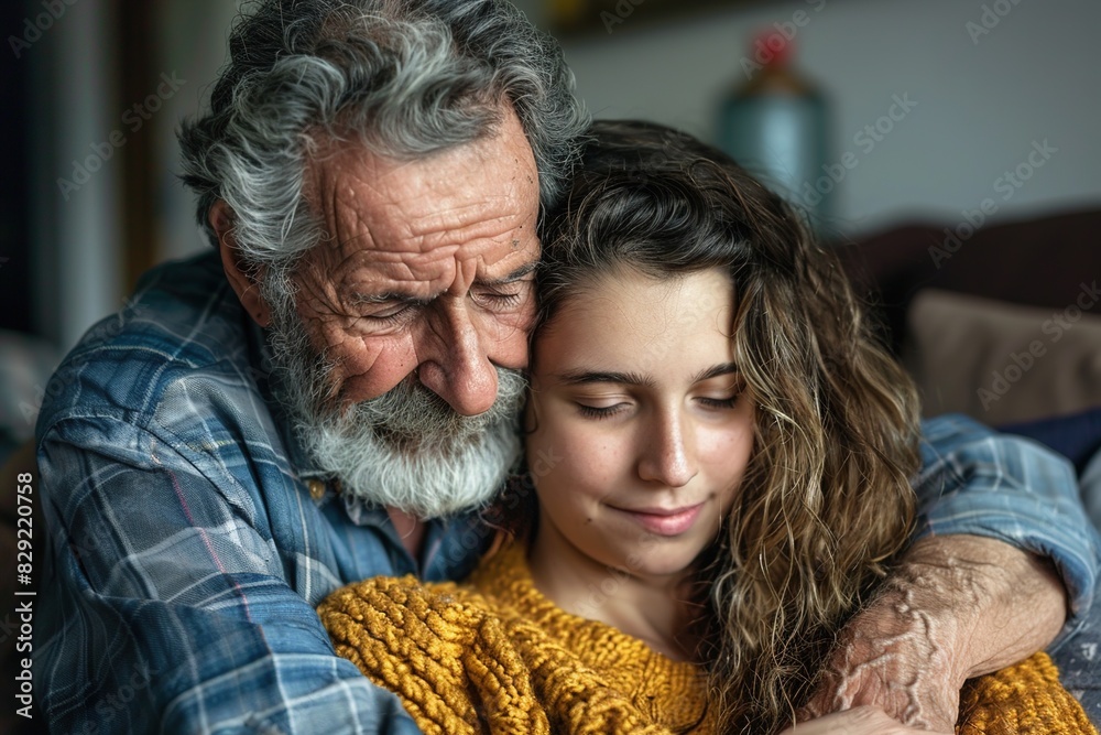 Elderly father embracing his middle aged daughter at home Elderly father embracing his middle aged daughter at home