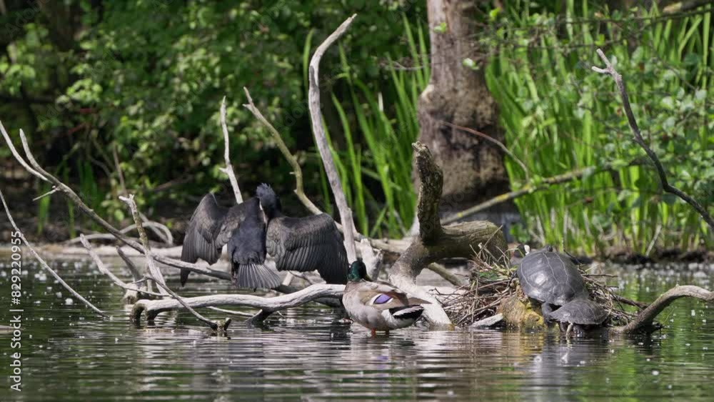 Wildlife by the Water: Great Cormorant , Duck and Turtles in Natural Habitat Wildlife by the Water: Great Cormorant , Duck and Turtles in Natural Habitat
