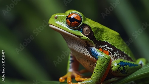 close up portrait of a green frog relaxing on a leaf stem