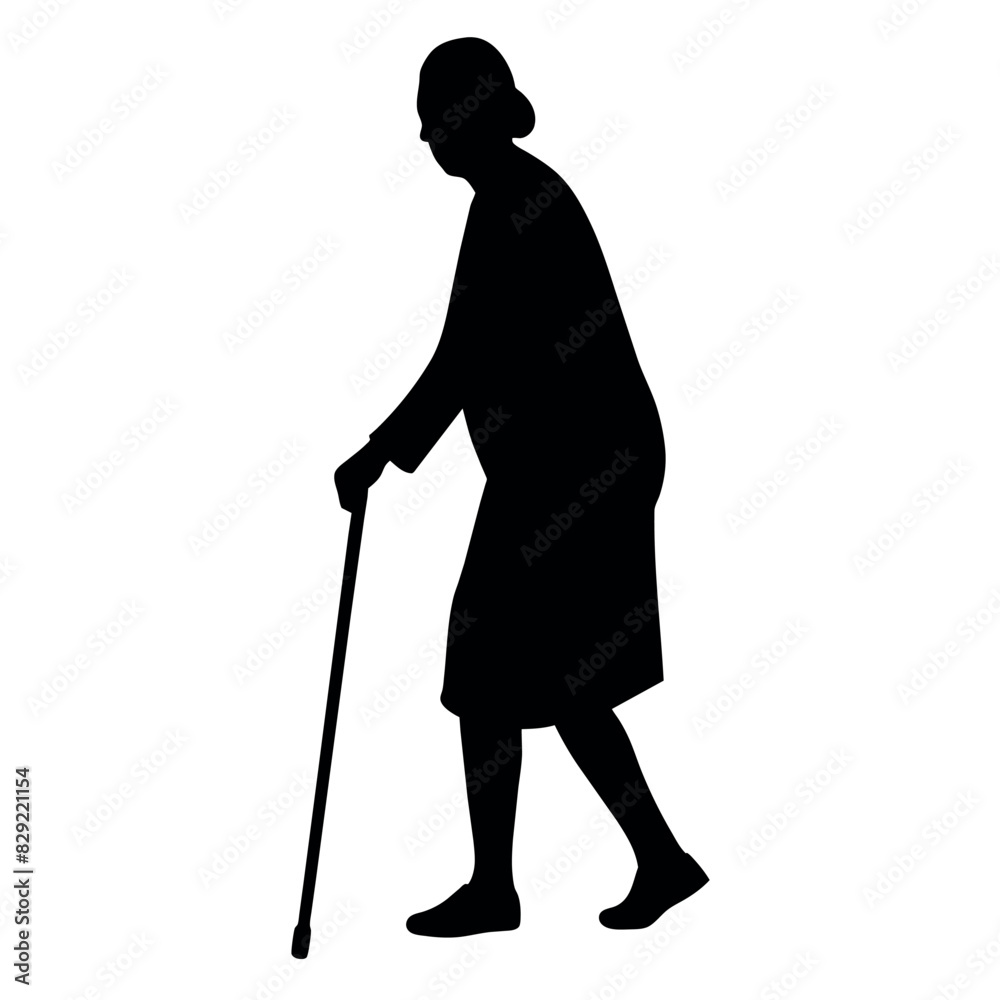 A Old woman walking with cane vector silhouette black color illustration A Old woman walking with cane vector silhouette black color illustration