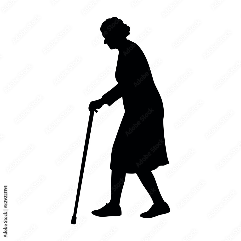 a old Age woman walking with cane vector silhouette, white background