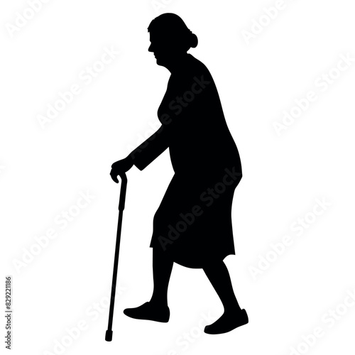 a old Age woman walking with cane vector silhouette, white background