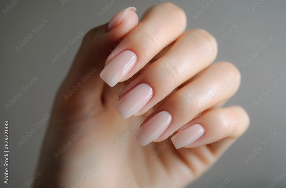 Fototapeta premium Close-up of a hand showcasing a professional manicure with shiny pink polish, perfect for beauty and fashion concepts.
