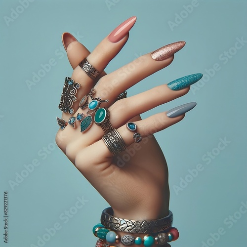 Trendy nail art trends, simple nail design paired with trendy rings stylish nail fashion